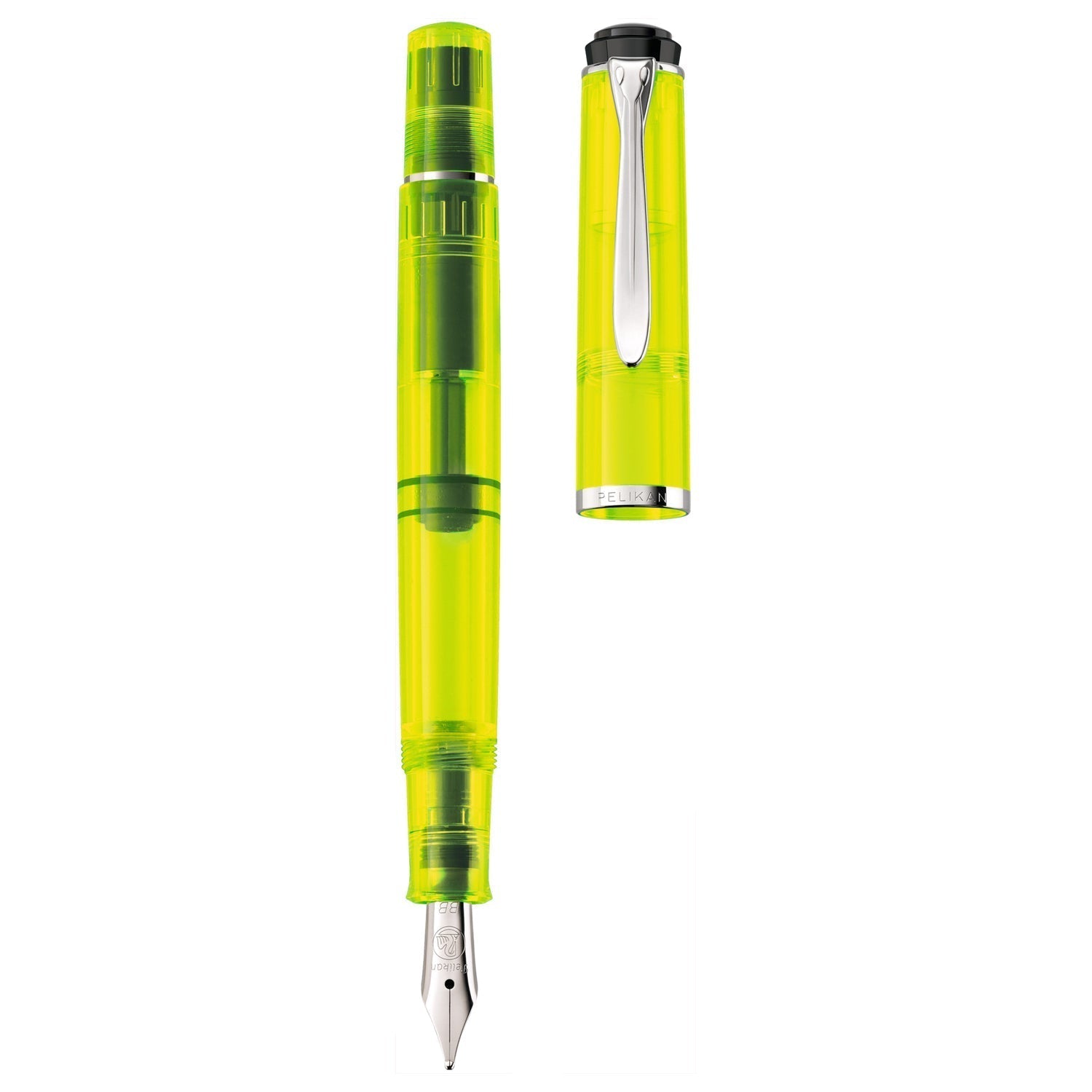 Pelikan Classic M205 Duo Neon Yellow Fountain Pen Set with Double broad nib translucent neon yellow body and neon yellow 30 ml ink bottle. Pen can be used for writing as well as highlighting