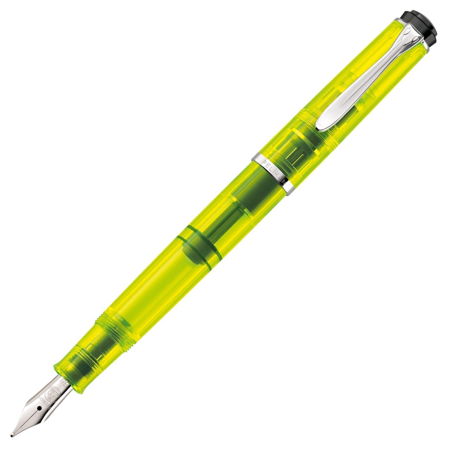 Pelikan Classic M205 Duo Neon Yellow Fountain Pen Set with Double broad nib translucent neon yellow body and neon yellow 30 ml ink bottle. Pen can be used for writing as well as highlighting