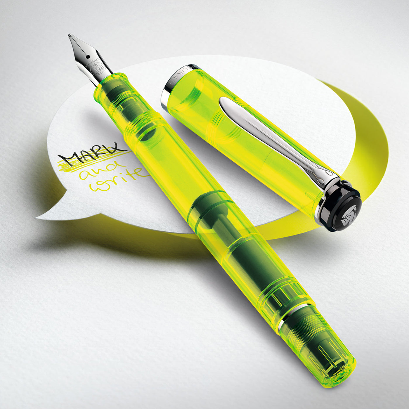 Pelikan Classic M205 Duo Neon Yellow Fountain Pen Set with Double broad nib translucent neon yellow body and neon yellow 30 ml ink bottle. Pen can be used for writing as well as highlighting