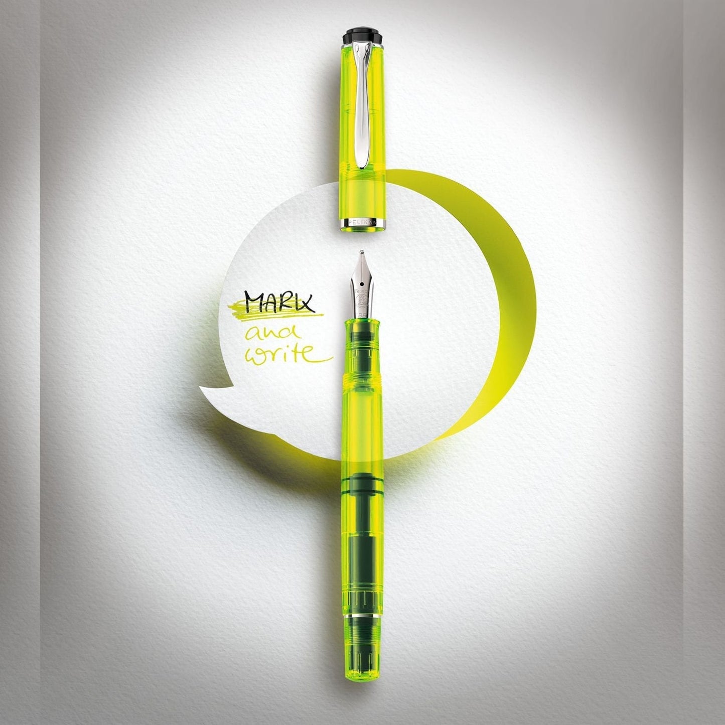 Pelikan Classic M205 Duo Neon Yellow Fountain Pen Set with Double broad nib translucent neon yellow body and neon yellow 30 ml ink bottle. Pen can be used for writing as well as highlighting