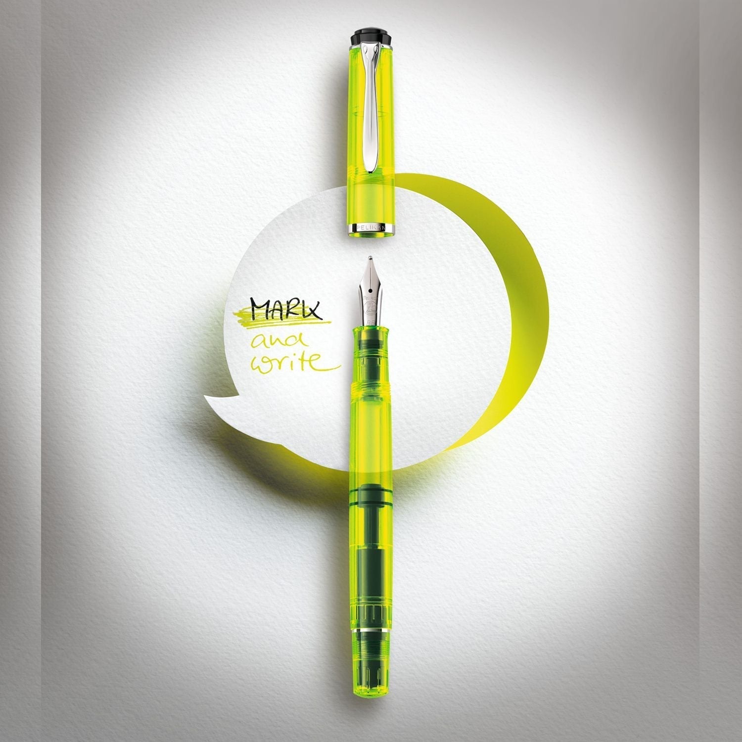 Pelikan Classic M205 Duo Neon Yellow Fountain Pen Set with Double broad nib translucent neon yellow body and neon yellow 30 ml ink bottle. Pen can be used for writing as well as highlighting